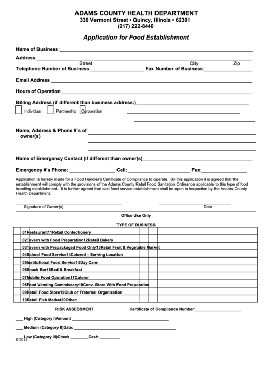 Application For Food Establishment Form - Adams County Health Department Printable pdf