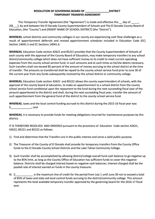 District Transfer Resolution Form El Dorado County Printable pdf