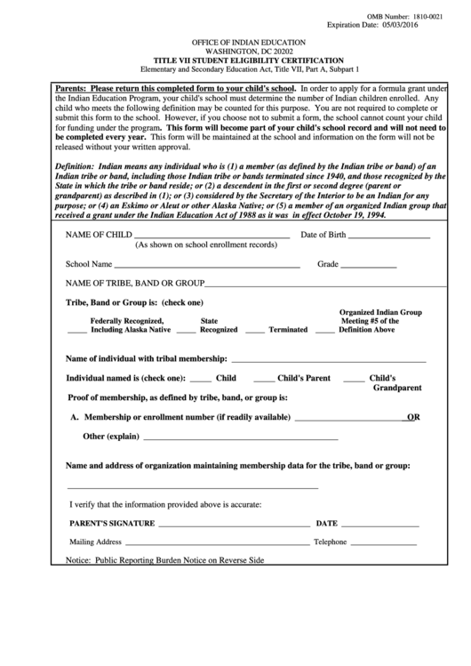 Title Vii Student Eligibility Certification Form - U.s. Department Of Education Printable pdf