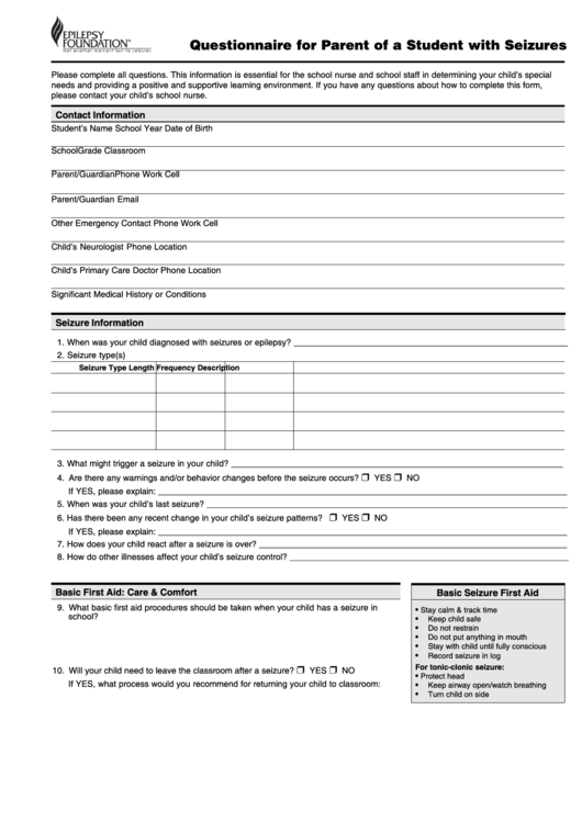 Fillable Questionnaire For Parent Of A Student With Seizures Form Printable pdf