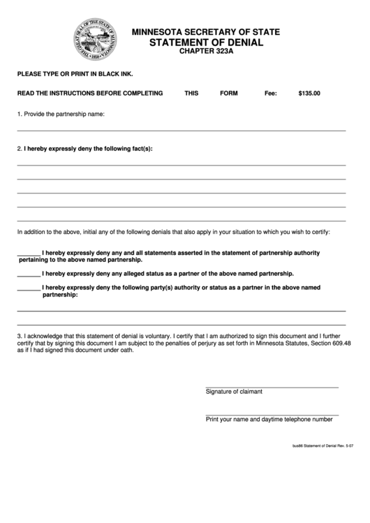 Statement Of Denial Form - Minnesota Secretary Of State Printable pdf