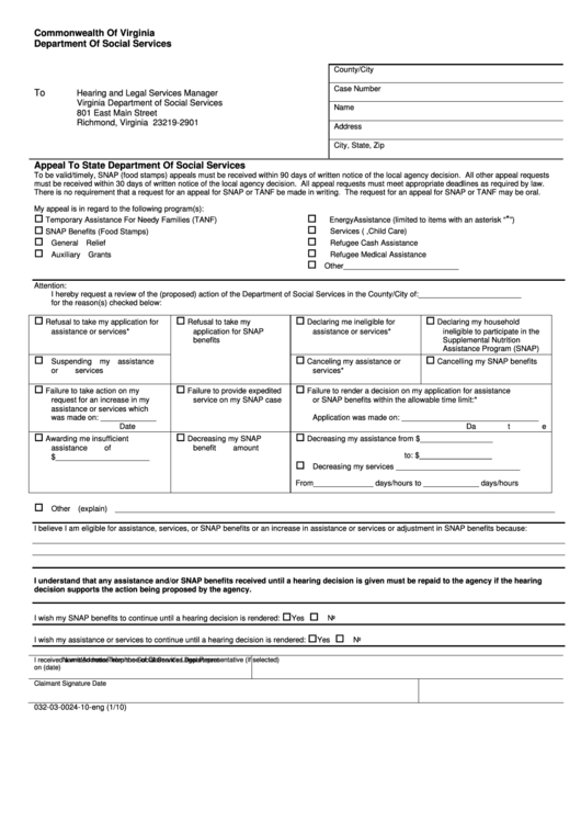 Appeal To The State Department Of Social Services Form Printable pdf