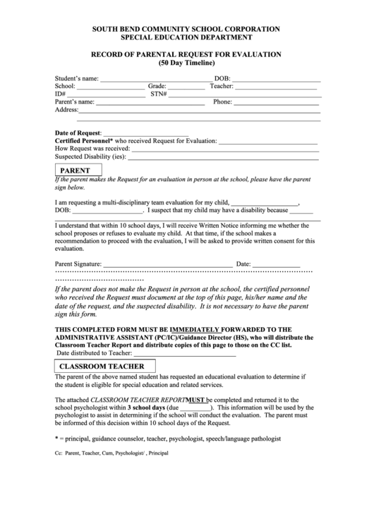 Fillable Record Of Parental Request For Evaluation Form - South Bend Community School Corporation Printable pdf