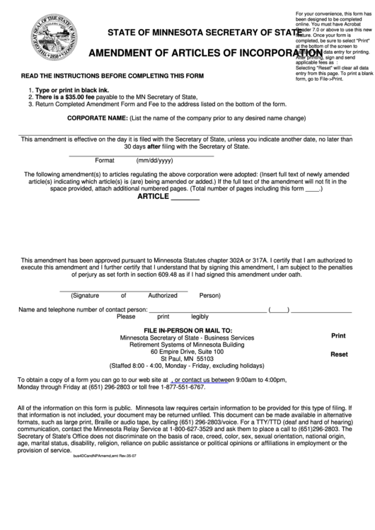 Fillable Amendment Of Articles Of Incorporation - Minnesota Secretary Of State - 2007 Printable pdf