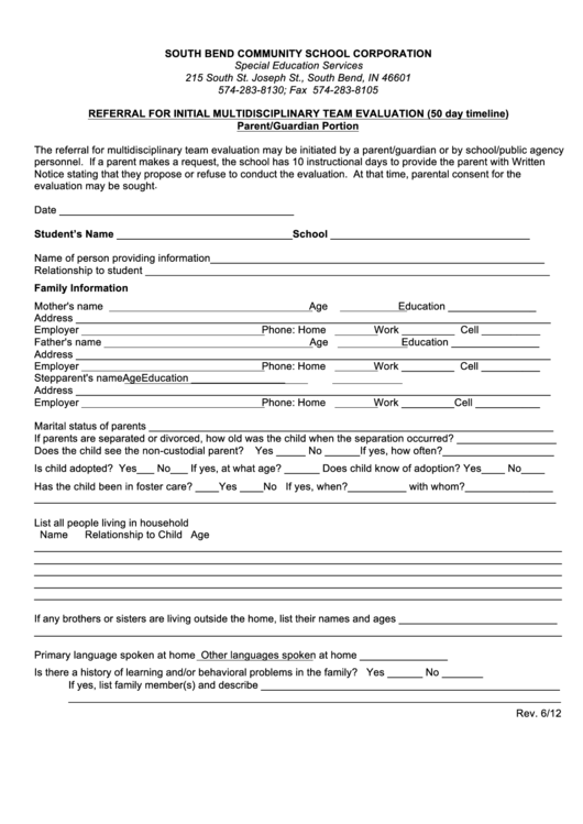 Fillable Referral For Initial Multidisciplinary Team Evaluation (50 Day Timeline) Form Printable pdf