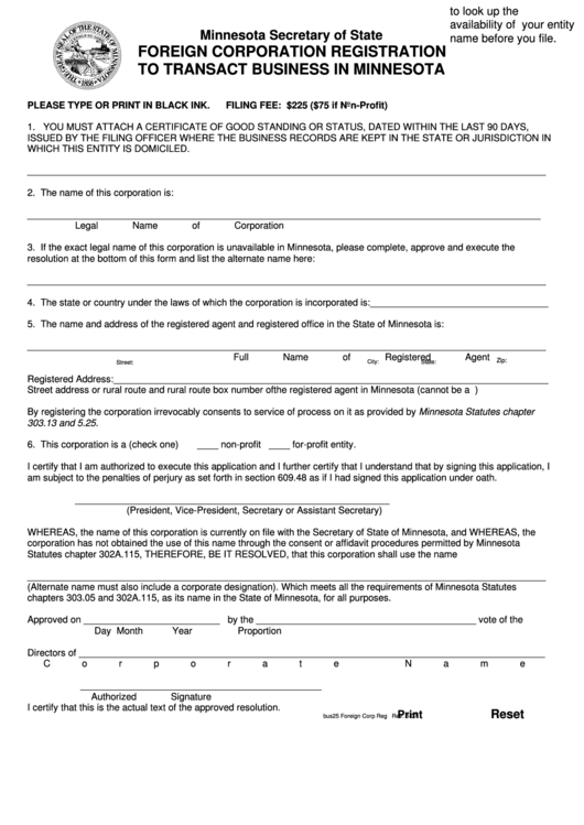 Fillable Foreign Corporation Registration To Transact Business In Minnesota Form Printable pdf