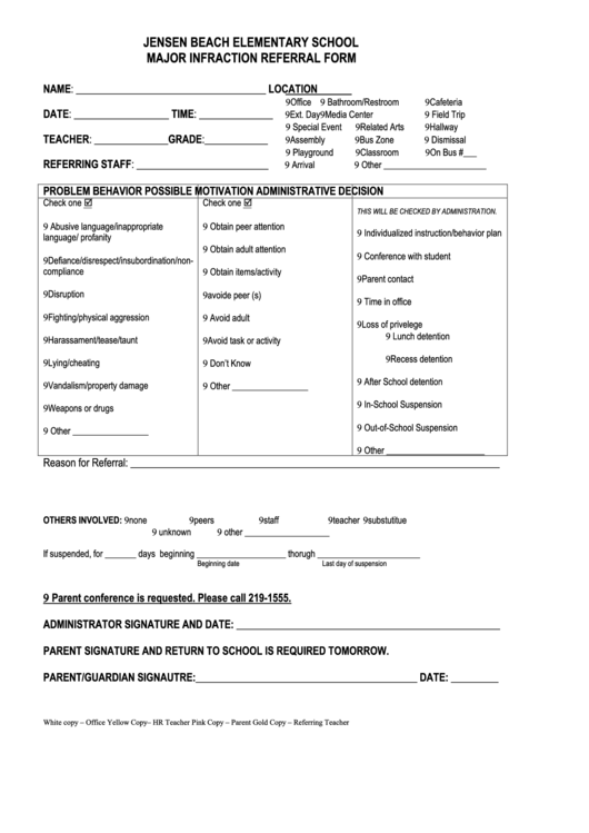 Major Infraction Referral Form - Jensen Beach Elementary School Printable pdf
