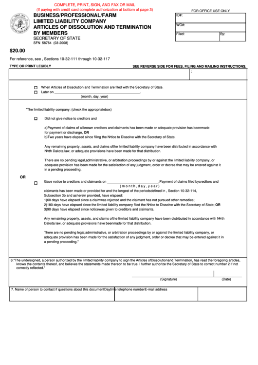 Fillable Sfn 58764 - Articles Of Dissolution And Termination By Members Form Printable pdf