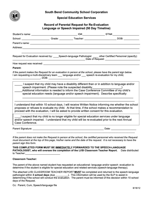 Record Of Parental Request For Re-evaluation Language Or Speech Impaired (50 Day Timeline) Form