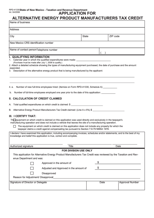 Rpd-41330 - Application For Alternative Energy Product Manufacturers Tax Credit Form New Mexico Printable pdf