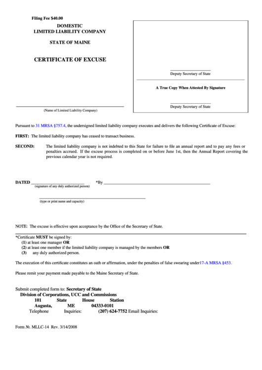 Fillable Certificate Of Excuse Form Maine Printable pdf