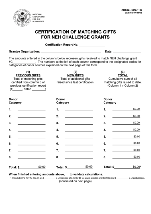 Fillable Certification Of Matching Gifts For Neh Challenge Grants Form Printable pdf