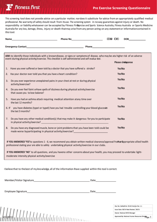 Pre Exercise Screening Questionnaire Form Printable pdf