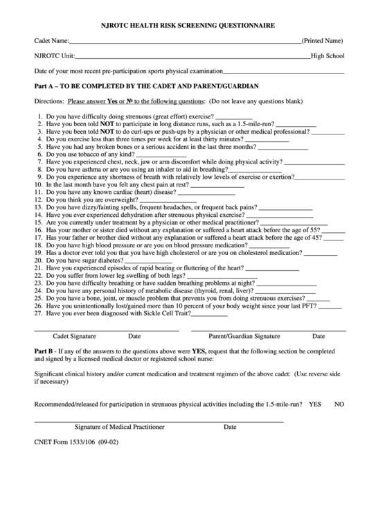 Njrotc Health Risk Screening Questionnaire Form printable pdf download