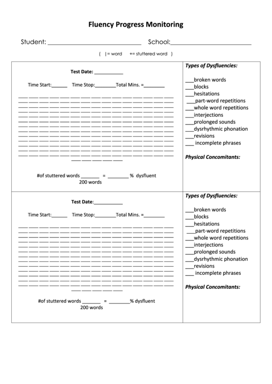 Fluency Progress Monitoring Form Printable pdf
