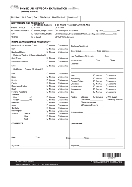 Physician Newborn Examination Form Printable pdf
