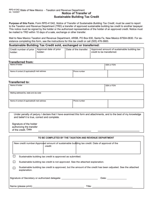 Form Rpd-41342 - Notice Of Transfer Of Sustainable Building Tax Credit Printable pdf