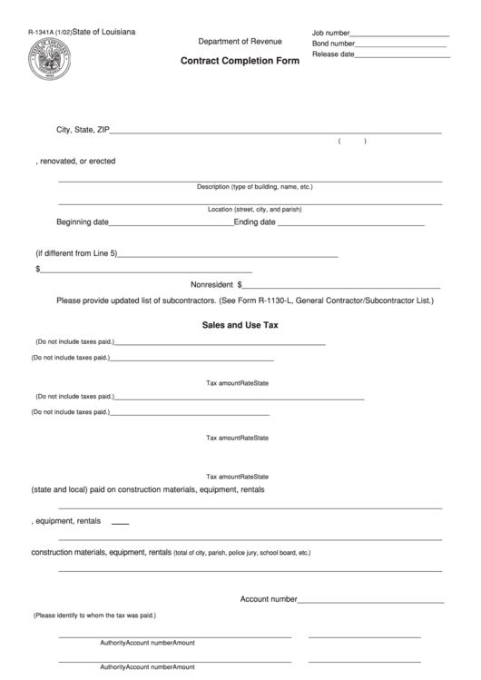 Fillable Form R-1341a - Contract Completion Form - 2002 Printable pdf