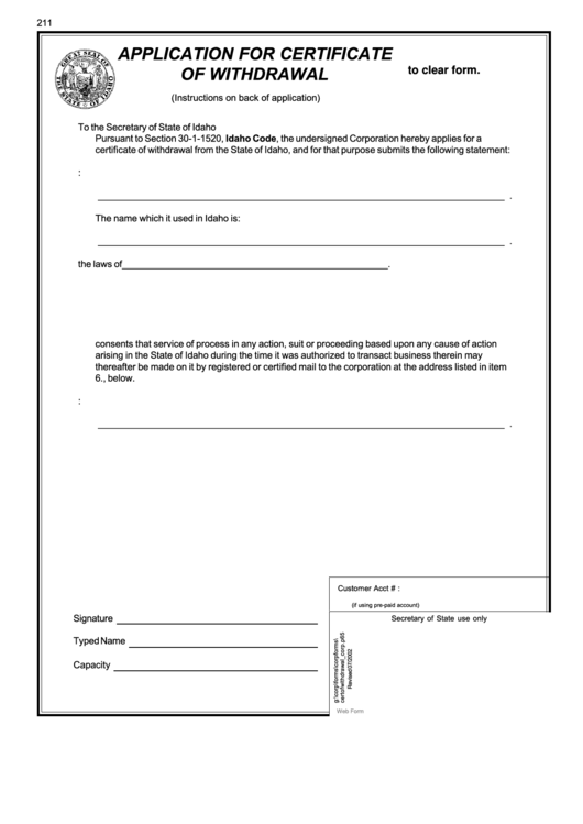 Fillable Application For Certificate Of Withdrawal - Idaho Secretary Of State Printable pdf