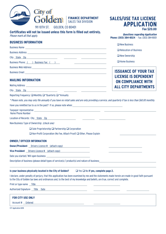 Sales/use Tax License Application Form - City Of Golden - 2008 Printable pdf