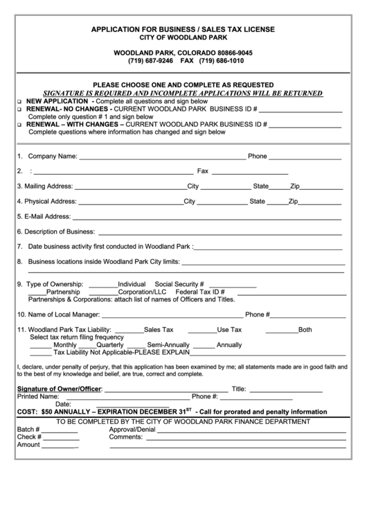 Application For Business / Sales Tax License Form - City Of Woodland Park Printable pdf