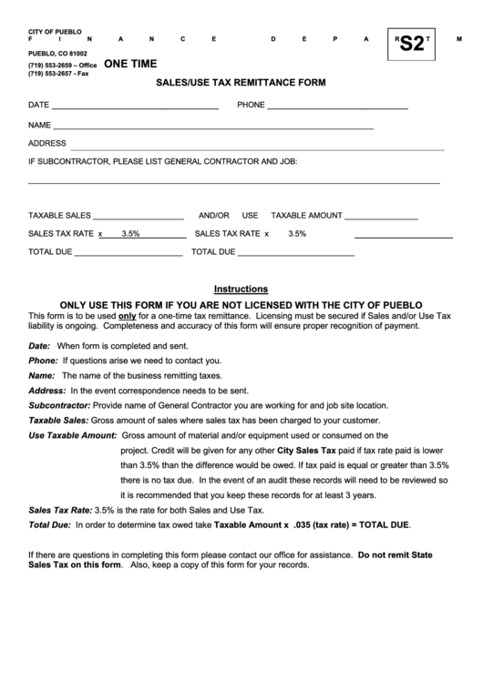 Fillable Sales/use Tax Remittance Form - City Of Pueblo Printable pdf
