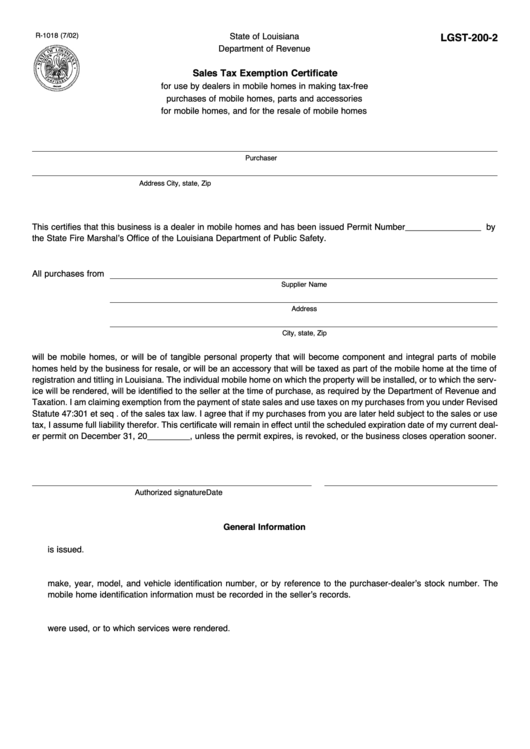 Fillable Form R-1018 Sales Tax Exemption Certificate Printable pdf