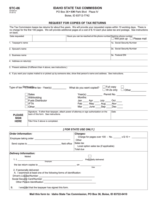 Fillable Form Stc-06 - Request For Copies Of Tax Returns Printable pdf