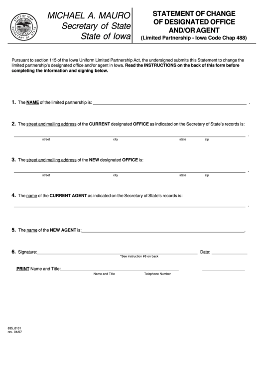 Fillable Form 635_0101 - Statement Of Change Of Designated Office And/or Agent Printable pdf