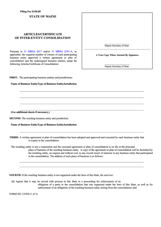 Fillable Form Cons - Articles/certificate Of Inter-Entity Consolidation Printable pdf