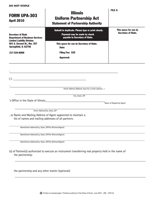 Fillable Form Upa-303 - Statement Of Partnership Authority - 2010 Printable pdf