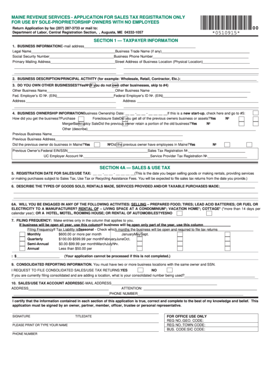 Application For Sales Tax Registration Only For Use By Sole-Proprietorship Owners With No Employees Form Printable pdf