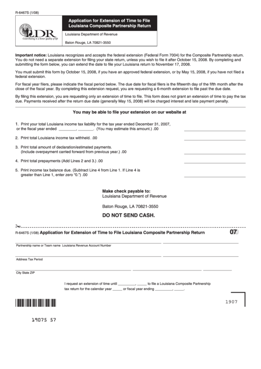 Fillable Form R-6467s - Application For Extension Of Time To File Louisiana Composite Partnership Return - 2007 Printable pdf