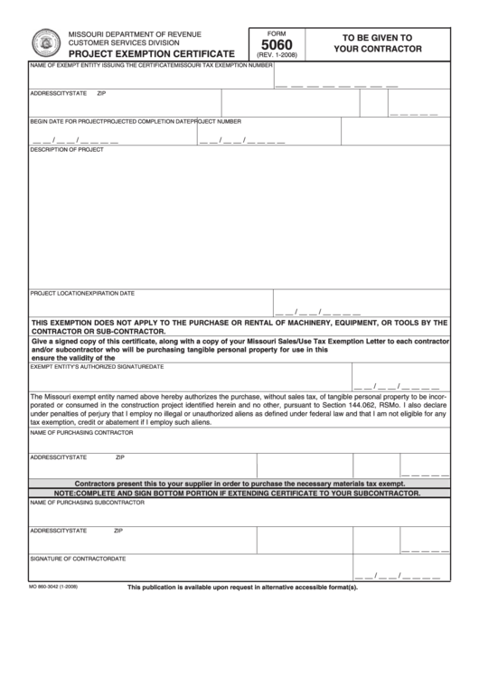 Fillable Form 5060 Project Exemption Certificate Printable pdf