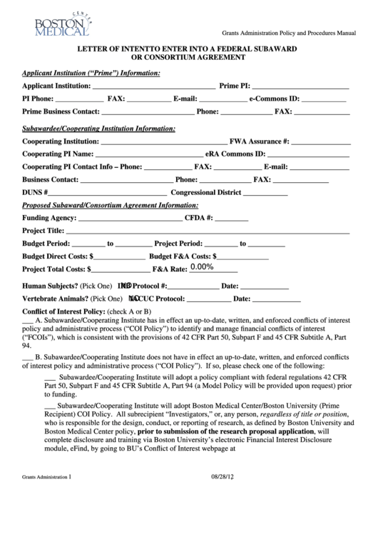 Fillable Letter Of Intent To Enter Into A Federal Subaward Or Consortium Agreement Form Printable pdf