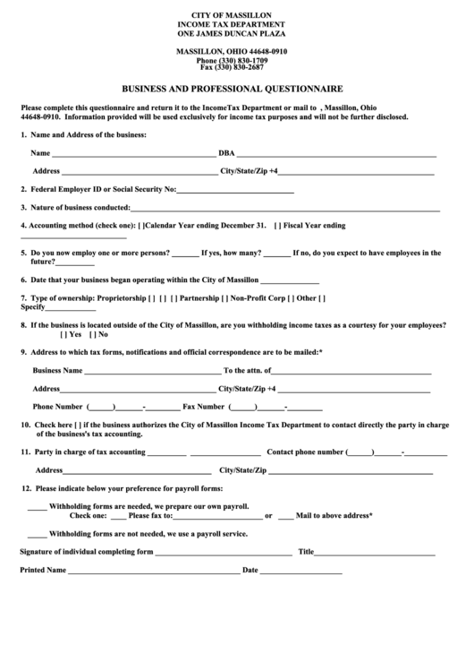 Business And Professional Questionnaire Form - City Of Massillon Printable pdf