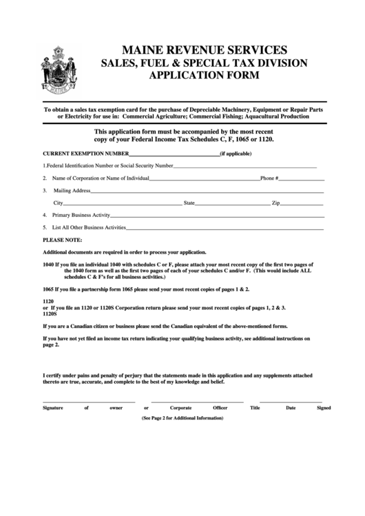 Application Form Maine Sales Fuel And Special Tax Division Printable