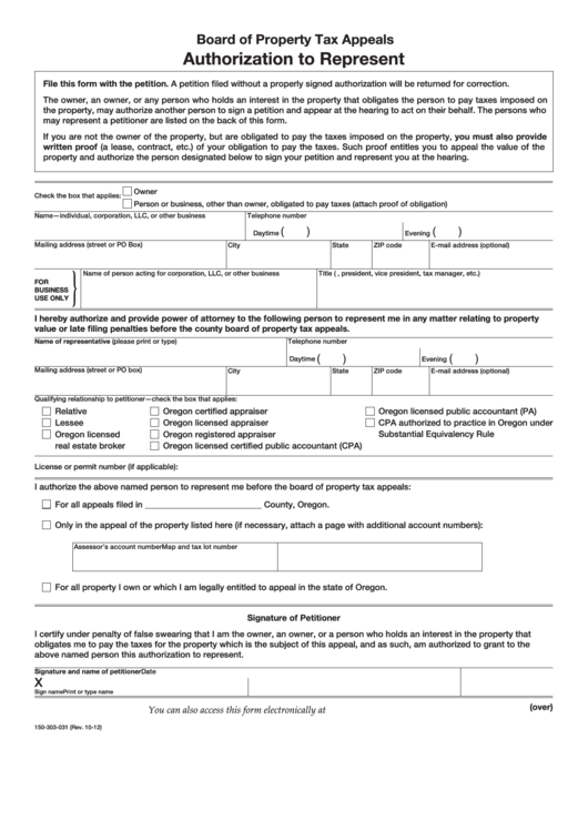 Fillable Form 150-303-031 - Authorization To Represent Printable pdf