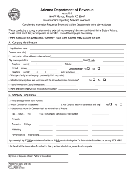 Questionnaire Regarding Activities In Arizona Form - Arizona Department Of Revenue Printable pdf