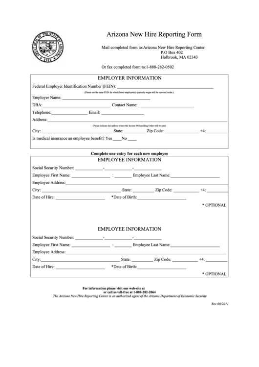 Arizona New Hire Reporting Form - Department Of Economic Security Printable pdf