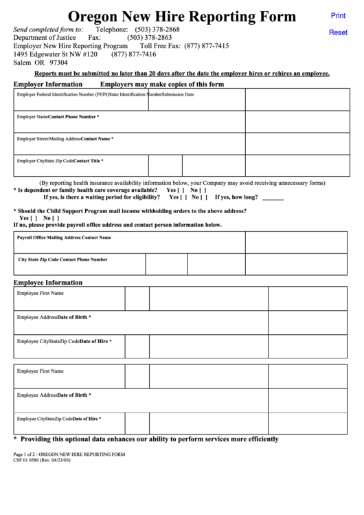 Fillable Oregon New Hire Reporting Form - Department Of Justice Printable pdf