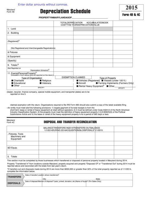 Fillable Maryland Form 4b & 4c - Depreciation Schedule - 2015 Printable pdf