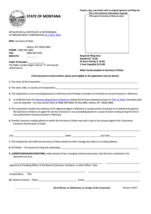 Fillable Application For Certificate Of Withdrawal Of Foreign Profit Corporation - Montana Secretary Of State - 2017 Printable pdf