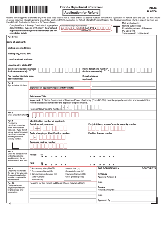 Fillable Form Dr-26 - Application For Refund Form Printable pdf