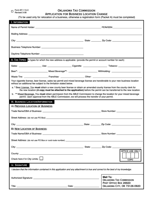 Fillable Form Bt-115-C - Application For Business Location Change Printable pdf