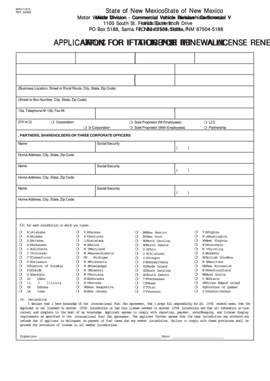 Form Mvd-11213 - Application For Ifta License Renewal Form Printable pdf
