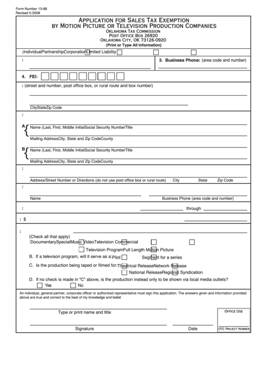 Fillable Form 13-88 - Application For Sales Tax Exemption By Motion Picture Or Television Production Companies Form - Oklahoma Tax Commission Printable pdf
