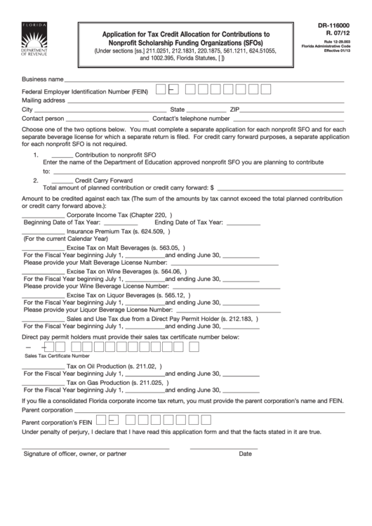 Form Dr-116000 - Application For Tax Credit Allocation For Contributions To Nonprofit Sfos Printable pdf