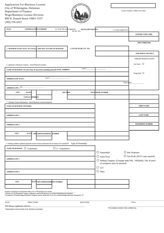 Business License Application Form (city Of Wilmington, Delaware)