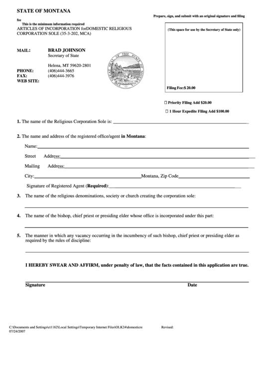 Articles Of Incorporation For Domestic Religious Corporation Sole Form - State Of Montana - Secretary Of State Printable pdf